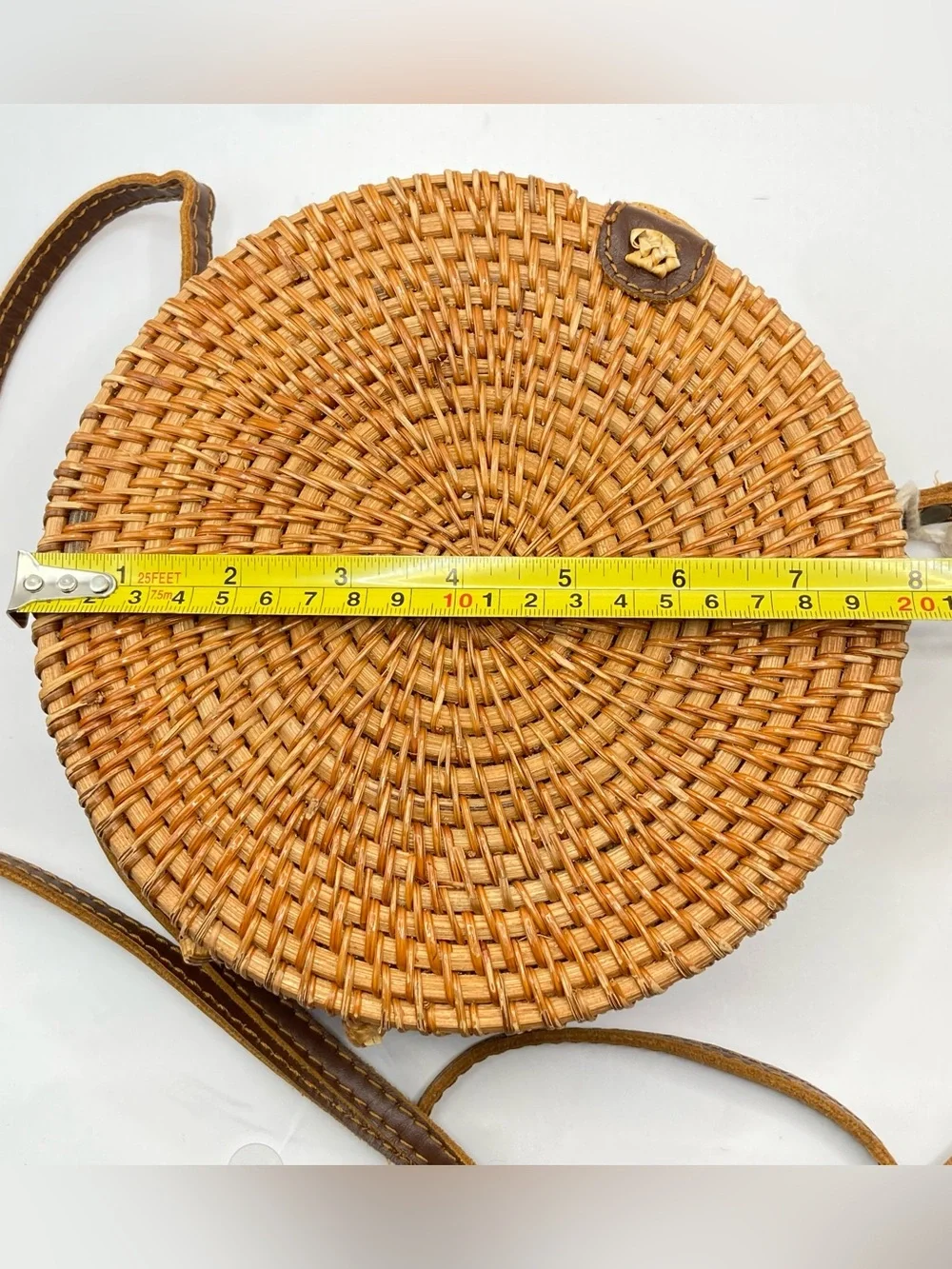 Handmade‎ Woven Round Straw Crossbody Bag with Bali Tropical Lining - Natural